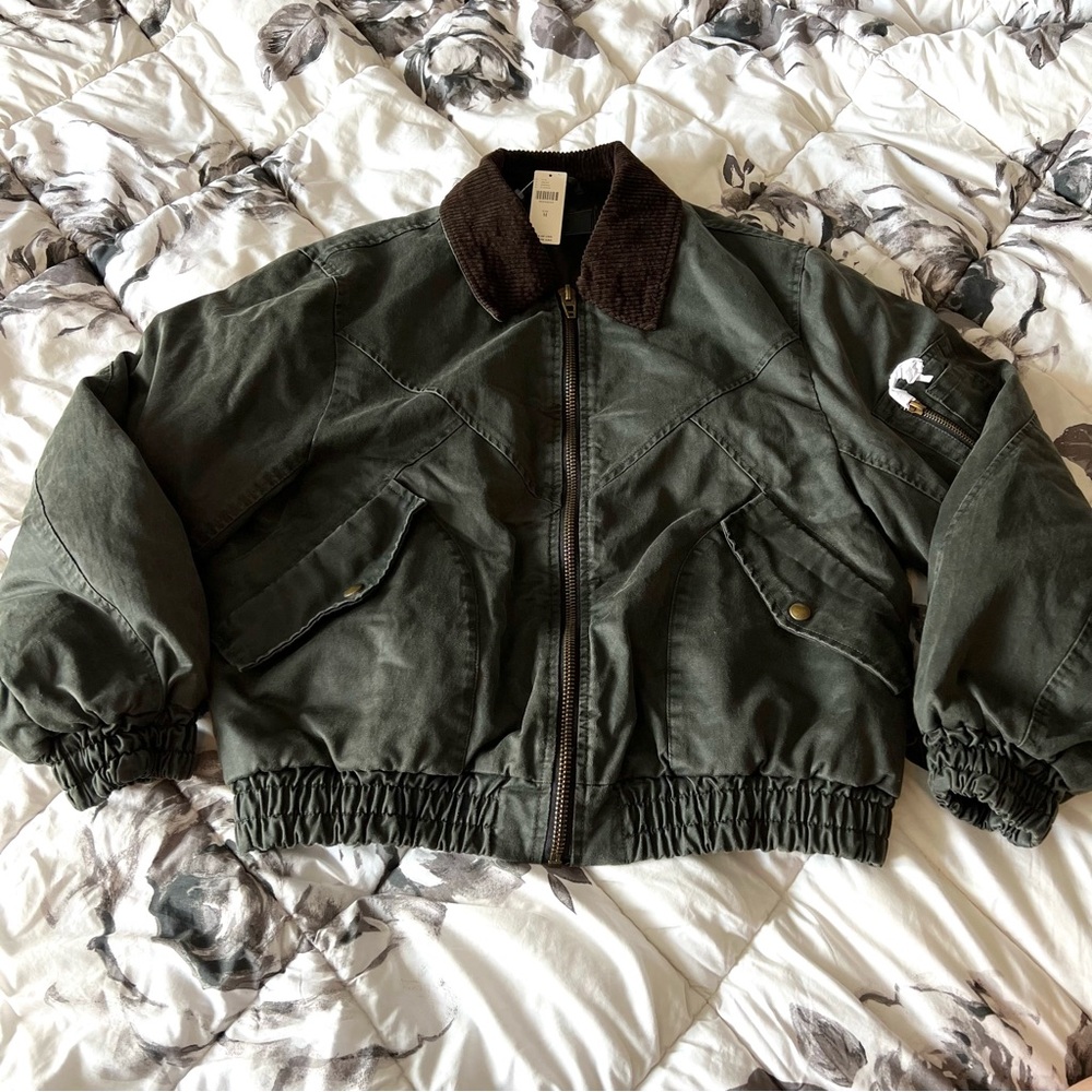 BLANK NYC Dark green pilot's bomber jacket with brown corduroy collar